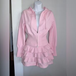 Faded Rose Pink Knit Ruffle short zippered hoodie set women XL
